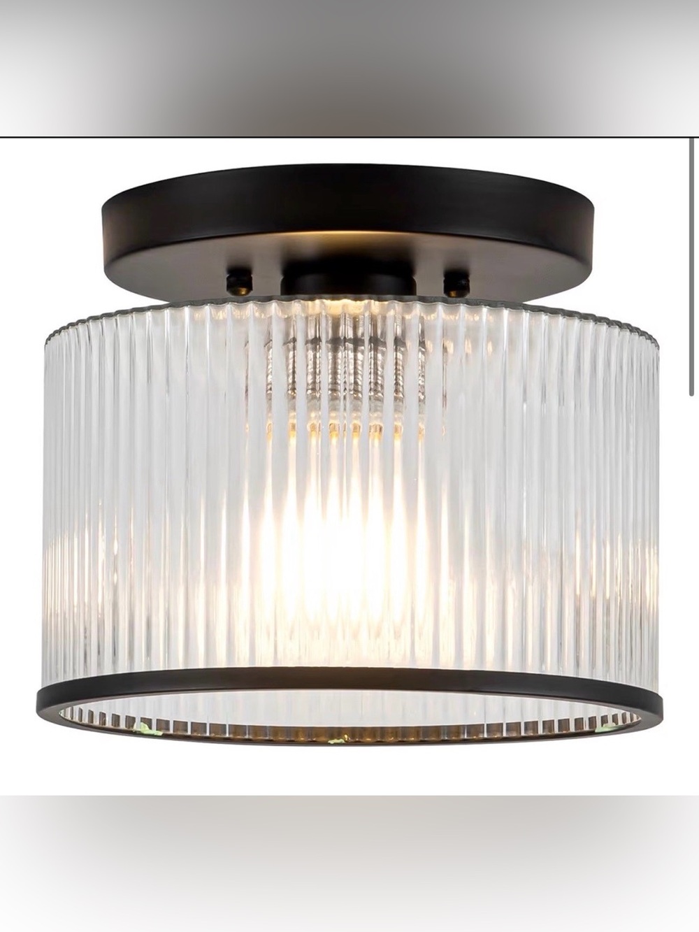 Clear Ribbed Glass Ceiling Light Fixture with Black Metal Frame
